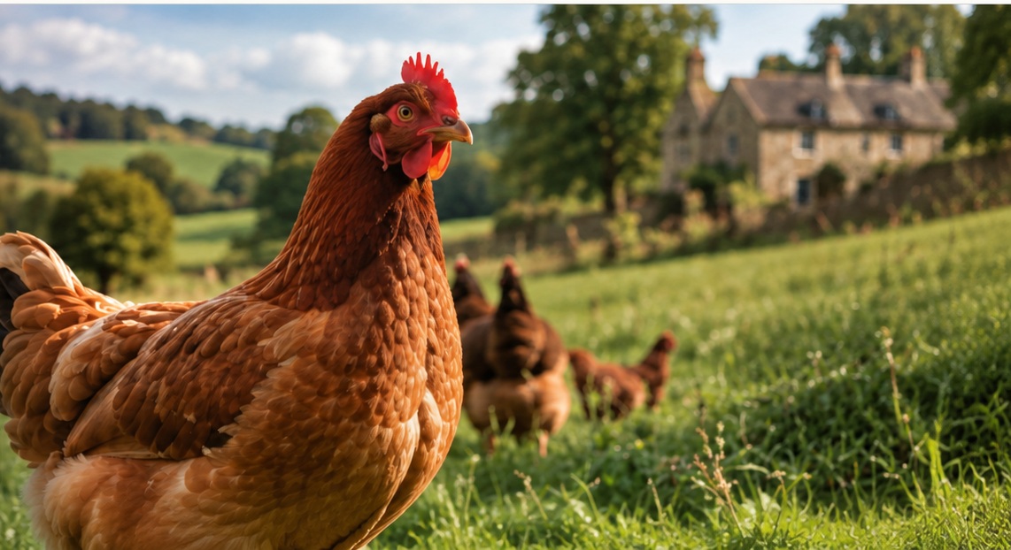 Brown hen in a British countryside setting